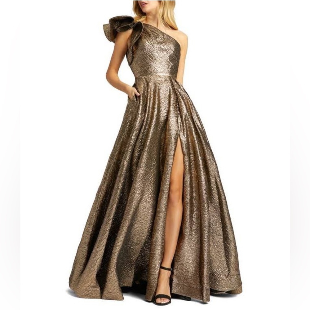 Mac Duggal One-Shoulder Metallic Gold Maxi Gown with Bow